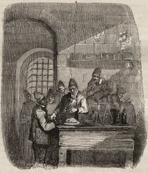 The canteen of the Brest bagne in the 19th century. Engraving in 
