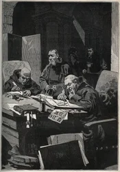 The chrysograph: monks copying and illuminating in gold letters in the middle ages. Engraving from 1885 in Les arts et metiers illustres by Adolphe Bitard.