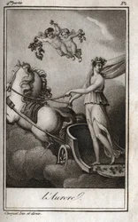 The dawn (Apollo guides the chariot of the sun). Allegory of sunrise. Engraving from 1819 in 