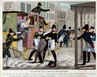 The death of Charles Ferdinand de Bourbon, Duke of Berry (1778-1820), 13/02/1820, at the exit of the Royal Academy of Music. The nephew of King Louis XVIII was assassinated at the Opera by Louvel, a republican who wanted to end the royal dynasty. Engravi