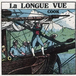 The first optical instruments: Captain James Cook at the bow of his boat, observes the southern lands at long sight. Anonymous illustration from 1925. Private collection.