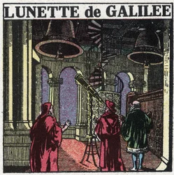 The first optical instruments: astronomical bezel of Galileo Galilei invented in 1610. Anonymous illustration from 1925. Private collection.