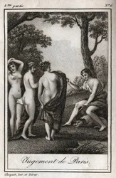 The judgment of Paris. The shepherd Paris must choose who he will give the golden apple to designate the most beautiful of the three goddesses, Athena, Aphrodite or Hera. Engraving from 1819 in Lettres a Emilie sur la mythologie by Charles Albert Demoustie