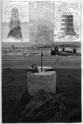 The Lavezzi lighthouse: Construction of the beacon tower of the Lavezzi Islands at the strait separating Corsica from Sardinia in the Mediterranean Sea, built in 1874 by the National Navy following the sinking of the Sémillante in 1