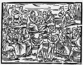 The meal of the witches on the Sabbath - Compendium Maleficarum, deals with the witches, their evil and their sortileges by Francesco Maria Guazzo or Guaccio or Guaccius (15?? -16??) 1608 Private Collection.