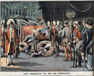 The obsequies of the King of Portugal Charles I (1863-1908), assassinated on 1 February 1908. Engraving from the newspaper “Le Petit Parisien”, on 02/23/1908. Private collection.