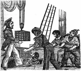 The pirate „Long Ben“ John Avery (died in 1643) loaded three crates of treasure (gold and stones) on his ship. Engraving from „The Pirate