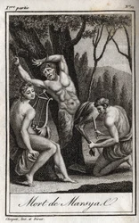 The Punishment or Death of Marsyas (The Punishment of Marsyas) is Punished for Having Defied Apollo to the Lyre and is Barred by the Archer in the Presence of King Midas and the Muses. Engraving from 1819 in 