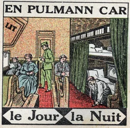 The railways: inside the Pullman car. Anonymous illustration from 1925. Private collection.