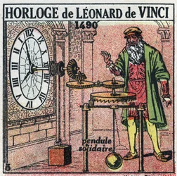 Time: weight clock invented by Leonardo da Vinci in 1490. It replaces the leaflet with a vertical balance. Anonymous illustration from 1925. Private collection.