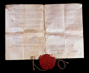 Treaty of Cateau Cambresis between Henry II and Philip II of Spain on 3/04/1559. France returns its Italian territories to Spain. This trade ended the Italian wars. Paris, National Archives