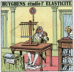 Vibratory Movements: Christiaan Huygens (1629-1695) Studies the Elasticity of the Material by Observing Ivory Beads. Anonymous Illustration from 1925. Private Collection