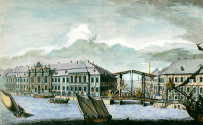 View of the former Winter Palace of the Moika and Neva Canal in Saint Petersburg