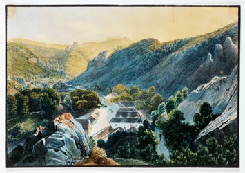 Vorderbruehl valley in Lower Austria and Husarentempel a small, romantic building with a view