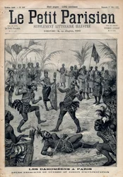War Exercises: Amazons, warriors and fetish priests from Dahomey, now Benin, from the Garden of Acclimatization in Paris, Human Zoo. Engraving in “Le Petit Parisien” from 1891. Private collection.