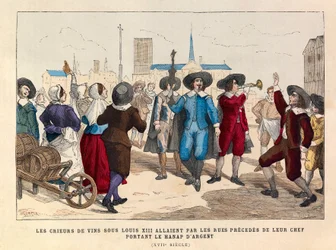 Wine criers in Paris under Louis XIII went through the streets preceded by their leader wearing the Silver Hanap in the 17th century - Wine sellers passing along the streets behind their leader, carrying the silver goblet, reign of Louis XIII - private