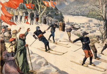 Winter sport: Ski competition in Chamonix in Haute Savoie in the Alps, France. Swiss and French flags encourage skiers. Engraving from the newspaper Le Petit Parisien