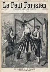 Women preparing their disguises behind a screen and a man trying his mask in the shape of an elephant tube for the Mask Ball of Mardi Gras. In Le Petit Parisien on 19/02/1893
