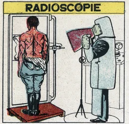 X-rays: radioscopy of a human body. The radiologist protects himself from X-rays by wearing a rubber cloth with a rubber dissolution containing lead salts, his head is covered with a cap and his hands with gloves from the same fabric.