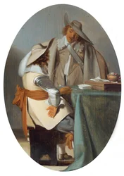 Two men in conversation at a table