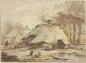Three Huts beneath Trees, with Three Sitting Ducks in the Foreground