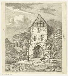 Several Figures by an Old City Gate