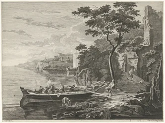 Figures by a Boat in a Mountain Landscape