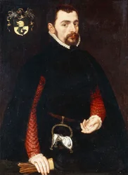 Portrait of a Gentleman aged 28, three-quarter length, in a black doublet with red sleeves and a black cape, with a purse and a handkerchief embroidered with the initials "K", 1563