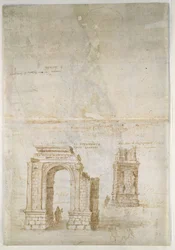Panoramic View of Tarragona from the South (Seawards) (Sketches of Roman ruins at Tarragona and of a fortress)