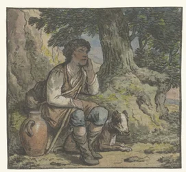 Boy Under a Tree with a Dog and a Jug
