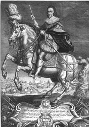 Equestrian Portrait of George Villiers (1592-1628) 1st Duke of Buckingham, engraved by Willem de Passe (1598-1637) 1625