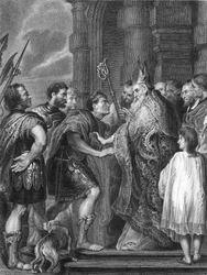 St Ambrose refusing Emperor Theodosius admittance into the church (engraving)
