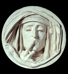 Silence A symbolic gesture of a man putting a finger on his mouth. Plaster sculpture by Auguste Preault 19th century Paris, Louvre Museum