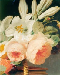 Bouquet of Lilies and Roses in a Basket on a Chiffonniere (Detail)