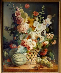 Flowers and Fruit in a Wicker Basket