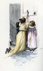 Josephine de Beauharnais crying with her children Hortense and Eugene at the door of the room of Napoleon Bonaparte (1769-1821), refusing to open after learning of his extramarital adventures during his stay in Egypt