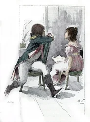 Portrait of Napoleon Bonaparte (1769-1821) with his fiancee Desiree Clary (1777-1860) c. April 1795 (Portrait of Desiree Clary at the time of her engagement with Napoleon Bonaparte, April 1795) Drawing by Antoine Calbet draws from 