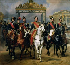 King Louis-Philippe (1773-1850) of France and his sons leaving the Château de Versailles on horseback, 1846