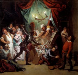 Don Quixote demolishes the puppets he thinks are Moors