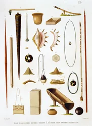 Household utensils and weapons from the Mariannas Islands, from Voyage autour du Monde, by Louis Claude Desaulses de Freycinet, engraved by Jean Louis Denis Coutant, published 1824