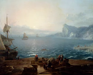 Sunset. A landscape of cliffs and rocks on the sea, with fishermen in the foreground (detail)