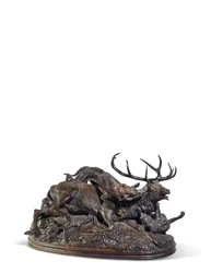 Ten Pointed Stag Floored by Two Scottish Greyhounds, c.1840