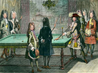 Royal amusement in Versailles: King Louis XIV (1638-1715) playing billiards with Philippe, Duke of Orléans (1640-1701), known as Monsieur, the Count of Toulouse, the Duke of Vendôme, Monsieur d