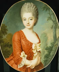 Portrait of a Young Lady, Half Length, Wearing a Red Dress with Bows, in a Park