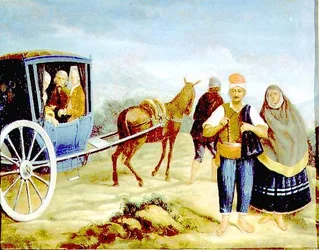 Noblemen in a Maltese Kaless bearing the Arms of The Master de Rohan, passing Maltese Peasants on the Roadside