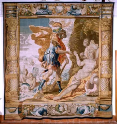Flemish tapestry. Series Story of Theseus. Theseus receives Minos’ ring from Amphitrite. Fifth tapestry in the series. Model Anthonis Sallaert. Manufacture Jan Raes the Younger, Brussels. Ca 1630
