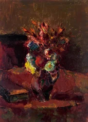 Flower Bouquet with Red Tablecloth