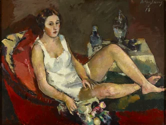 Young Woman on Red Sofa