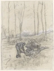 Farmer Working with a Wheelbarrow in the Forest