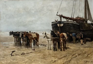 Fishing Boat with Tow Horses on Scheveningen Beach